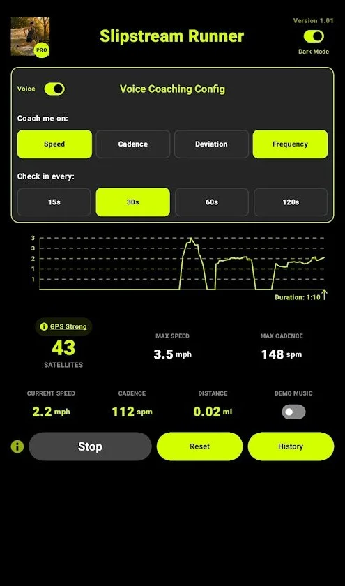 Frequency coaching set to check in every 30 seconds during a run