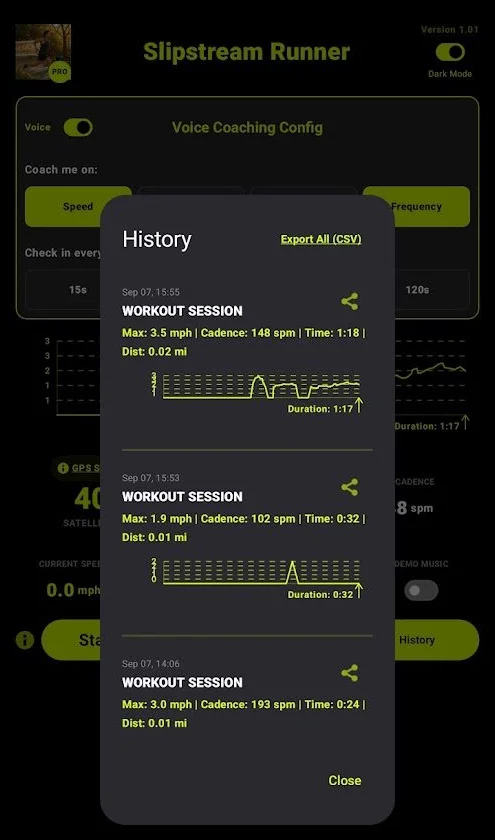 The History list of runs, each with its speed graph