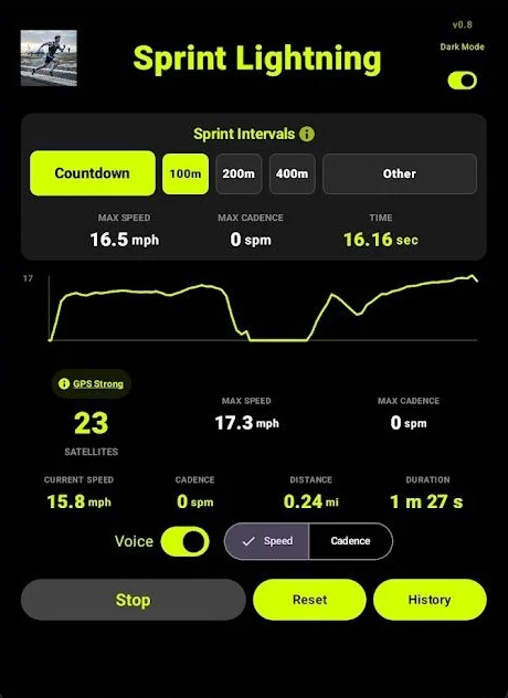 A finished interval with its time and max speed
